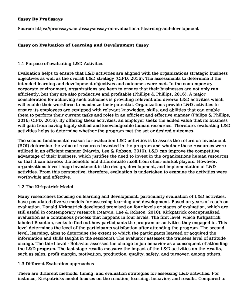 Essay on Evaluation of Learning and Development