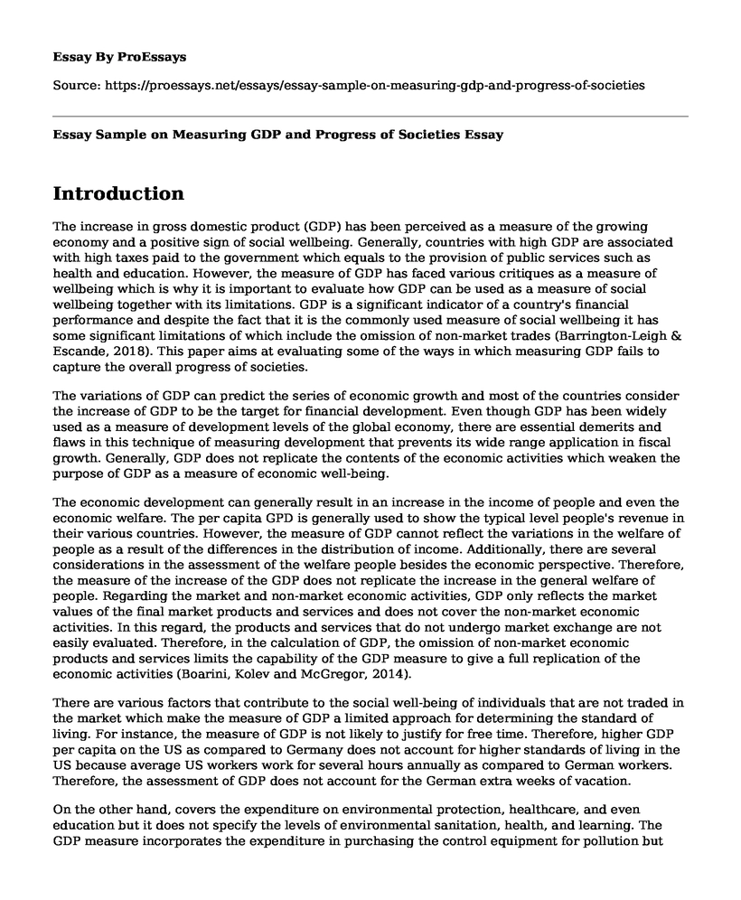 Essay Sample on Measuring GDP and Progress of Societies