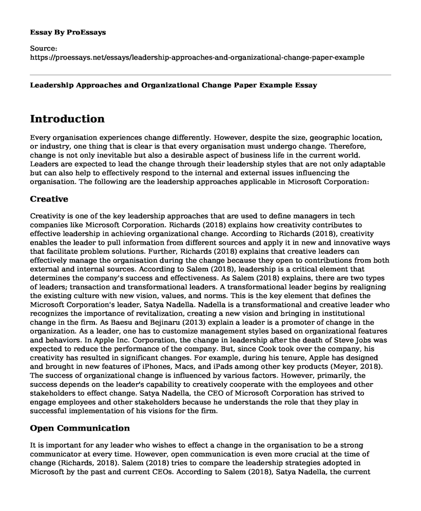 Leadership Approaches and Organizational Change Paper Example