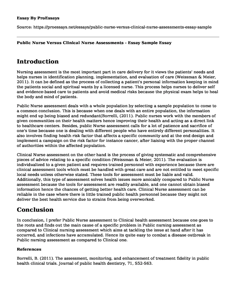 Public Nurse Versus Clinical Nurse Assessments - Essay Sample