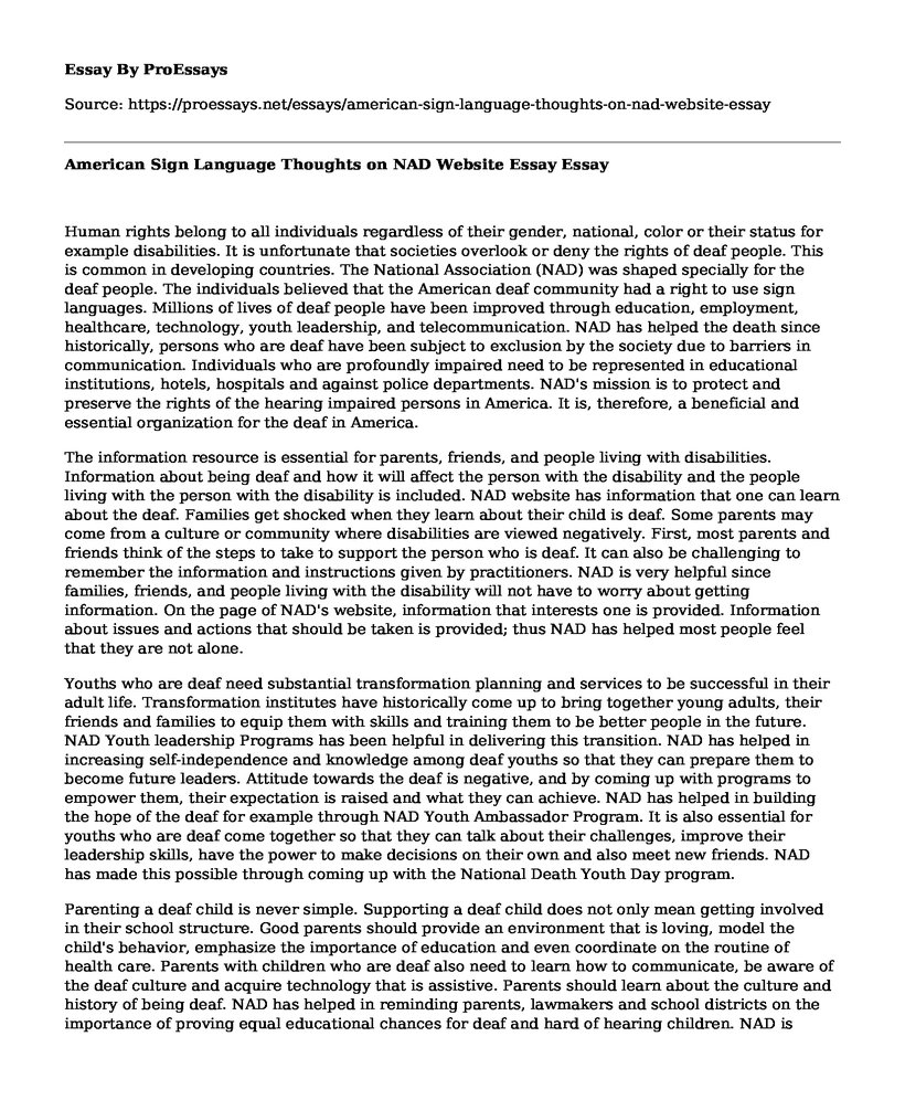 American Sign Language Thoughts on NAD Website Essay