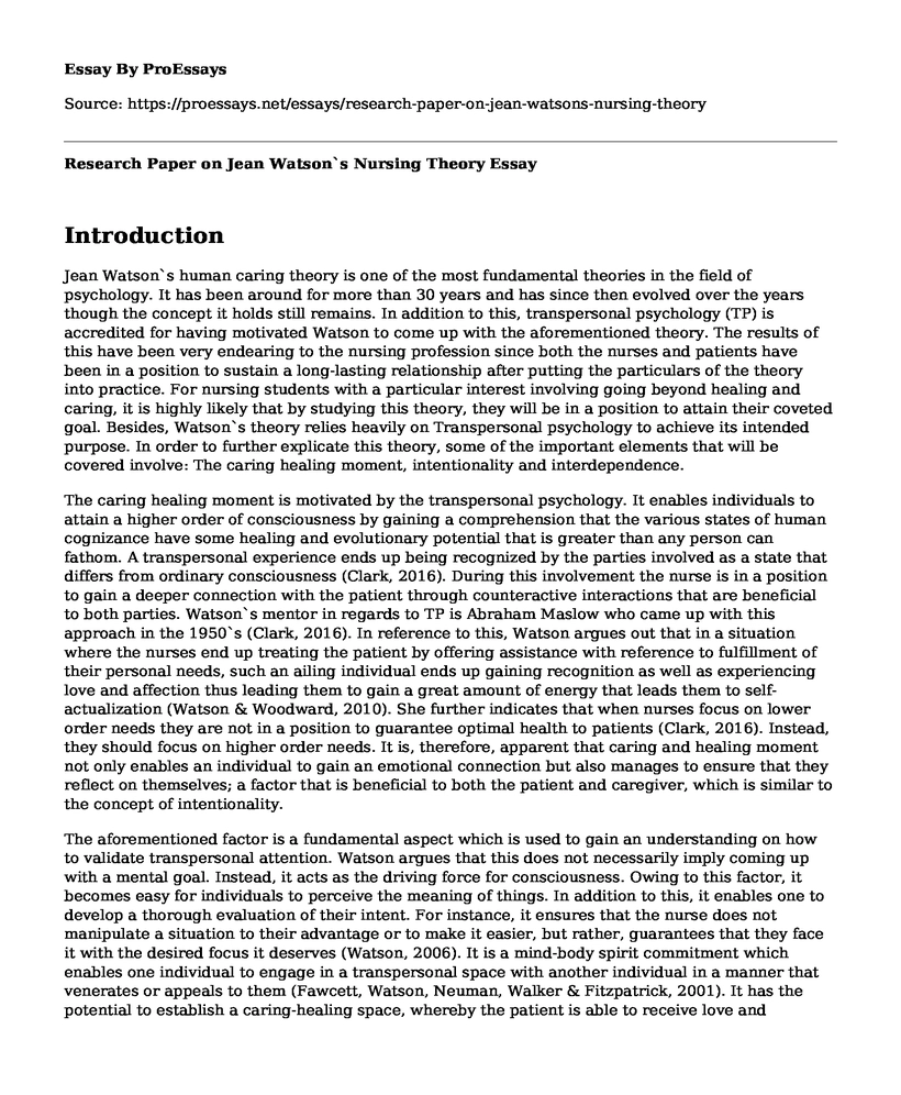 Research Paper on Jean Watson`s Nursing Theory