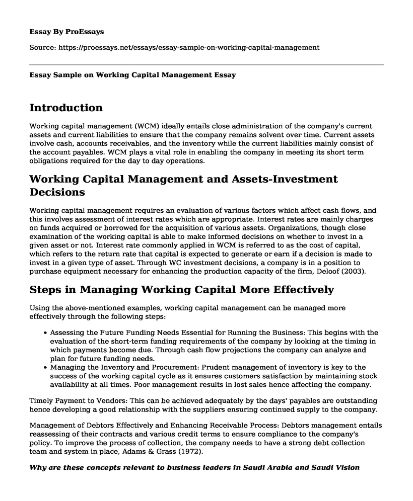 Essay Sample on Working Capital Management