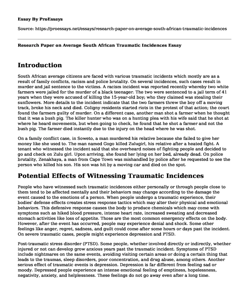 Research Paper on Average South African Traumatic Incidences