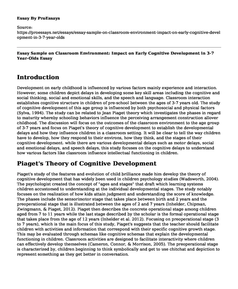 Essay Sample on Classroom Environment: Impact on Early Cognitive Development in 3-7 Year-Olds