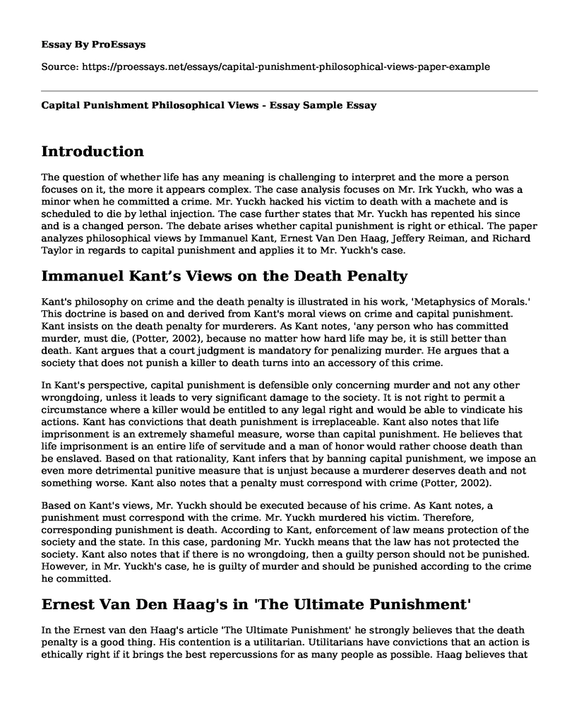 Capital Punishment Philosophical Views - Essay Sample