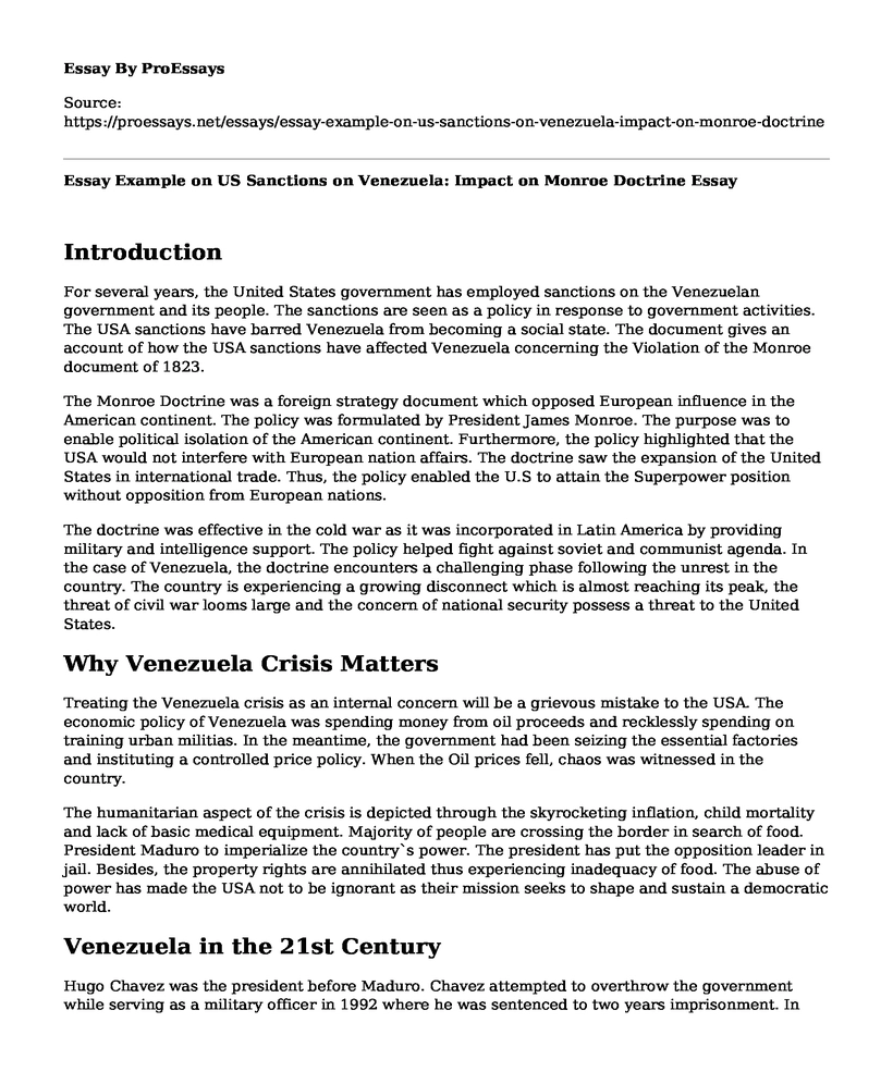 Essay Example on US Sanctions on Venezuela: Impact on Monroe Doctrine