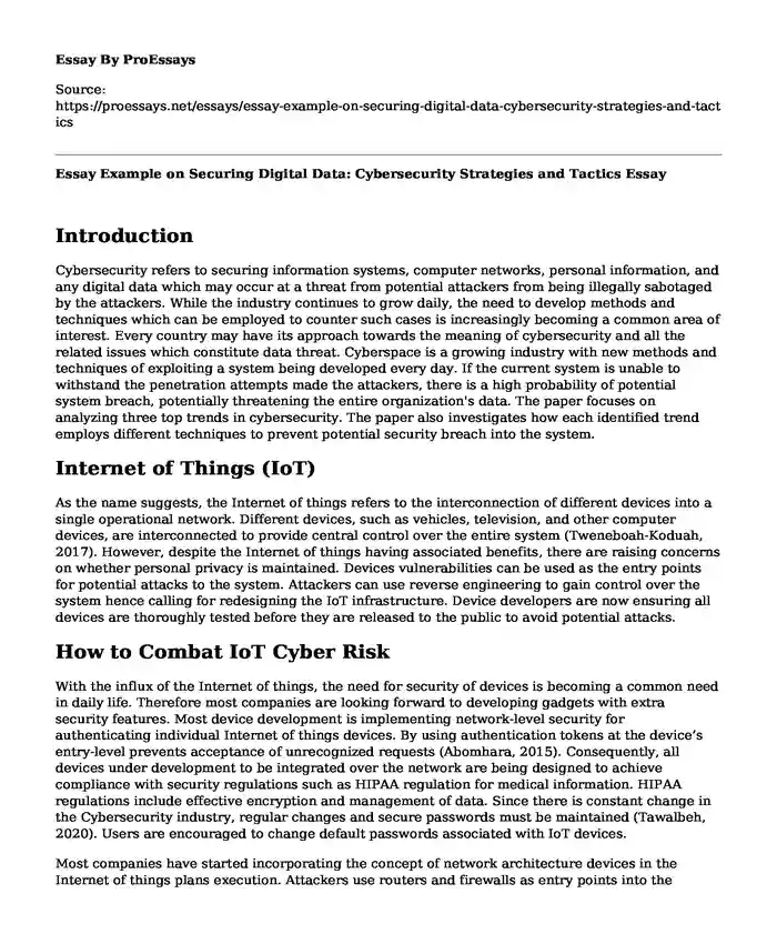 Essay Example on Securing Digital Data: Cybersecurity Strategies and Tactics