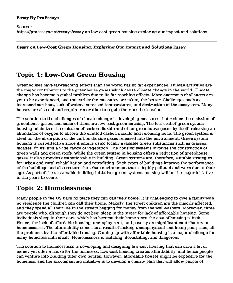 Essay on Low-Cost Green Housing: Exploring Our Impact and Solutions