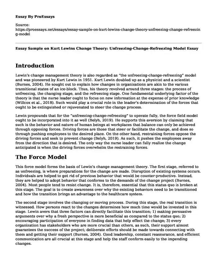 Essay Sample on Kurt Lewins Change Theory: Unfreezing-Change-Refreezing Model