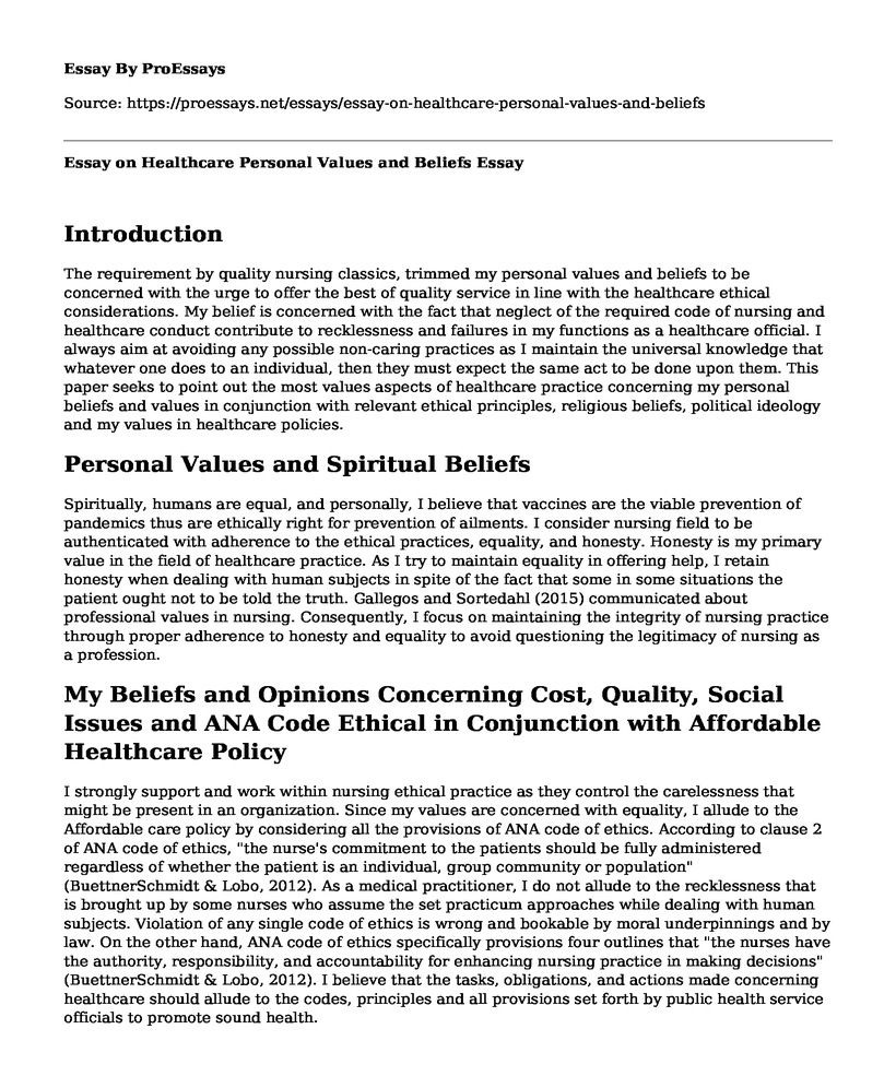 Essay on Healthcare Personal Values and Beliefs
