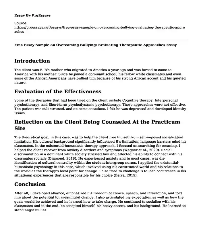 Free Essay Sample on Overcoming Bullying: Evaluating Therapeutic Approaches