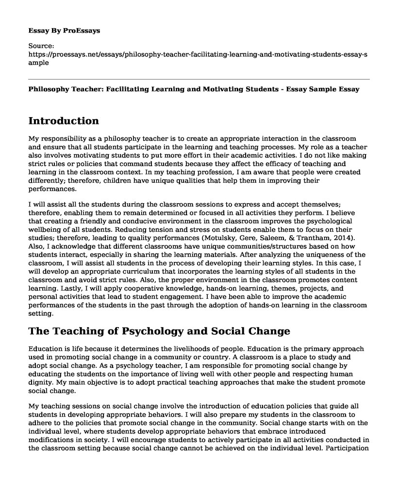 Philosophy Teacher: Facilitating Learning and Motivating Students - Essay Sample