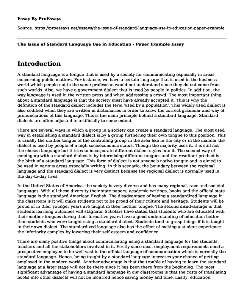 The Issue of Standard Language Use in Education - Paper Example
