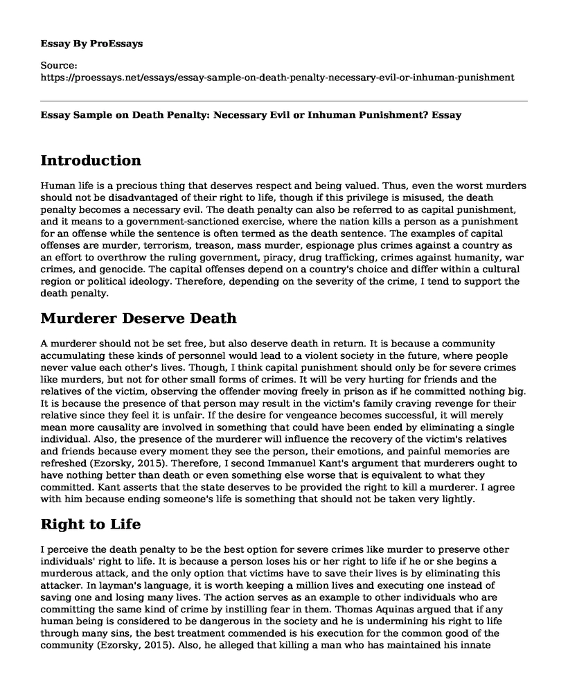 Essay Sample on Death Penalty: Necessary Evil or Inhuman Punishment?