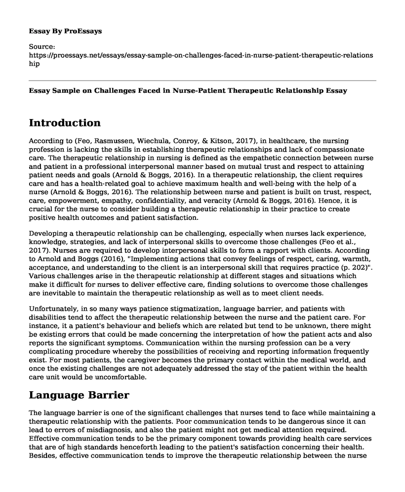 Essay Sample on Challenges Faced in Nurse-Patient Therapeutic Relationship