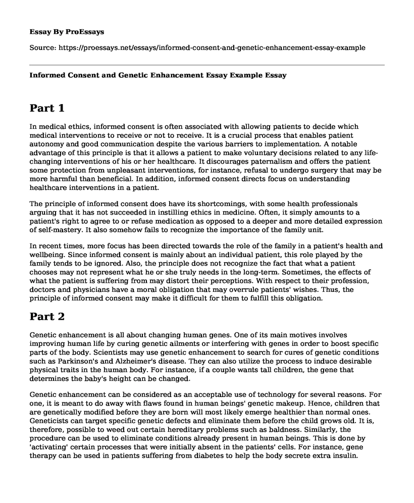Informed Consent and Genetic Enhancement Essay Example
