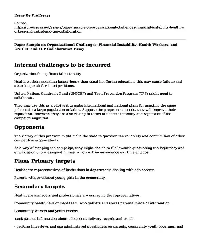 Paper Sample on Organizational Challenges: Financial Instability, Health Workers, and UNICEF and TPP Collaboration