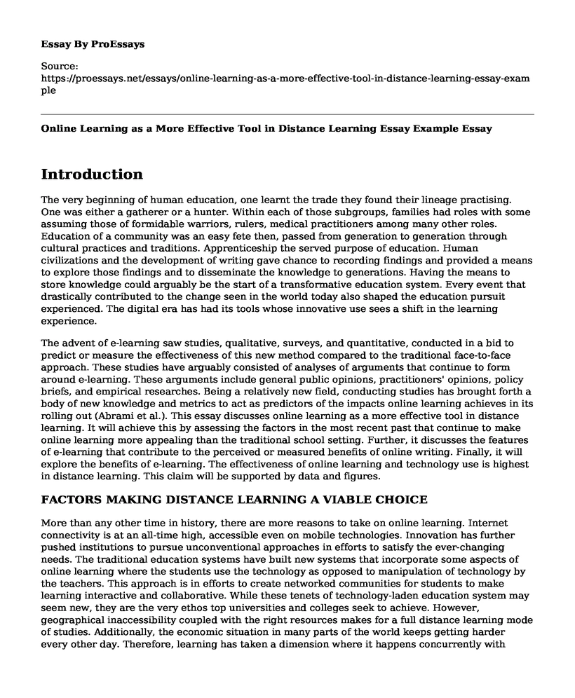 Online Learning as a More Effective Tool in Distance Learning Essay Example