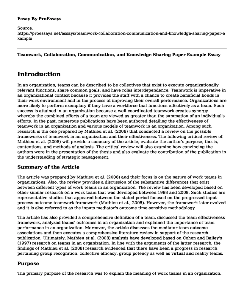 Teamwork, Collaboration, Communication, and Knowledge Sharing Paper Example