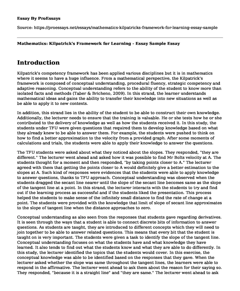 Mathematics: Kilpatrick's Framework for Learning - Essay Sample