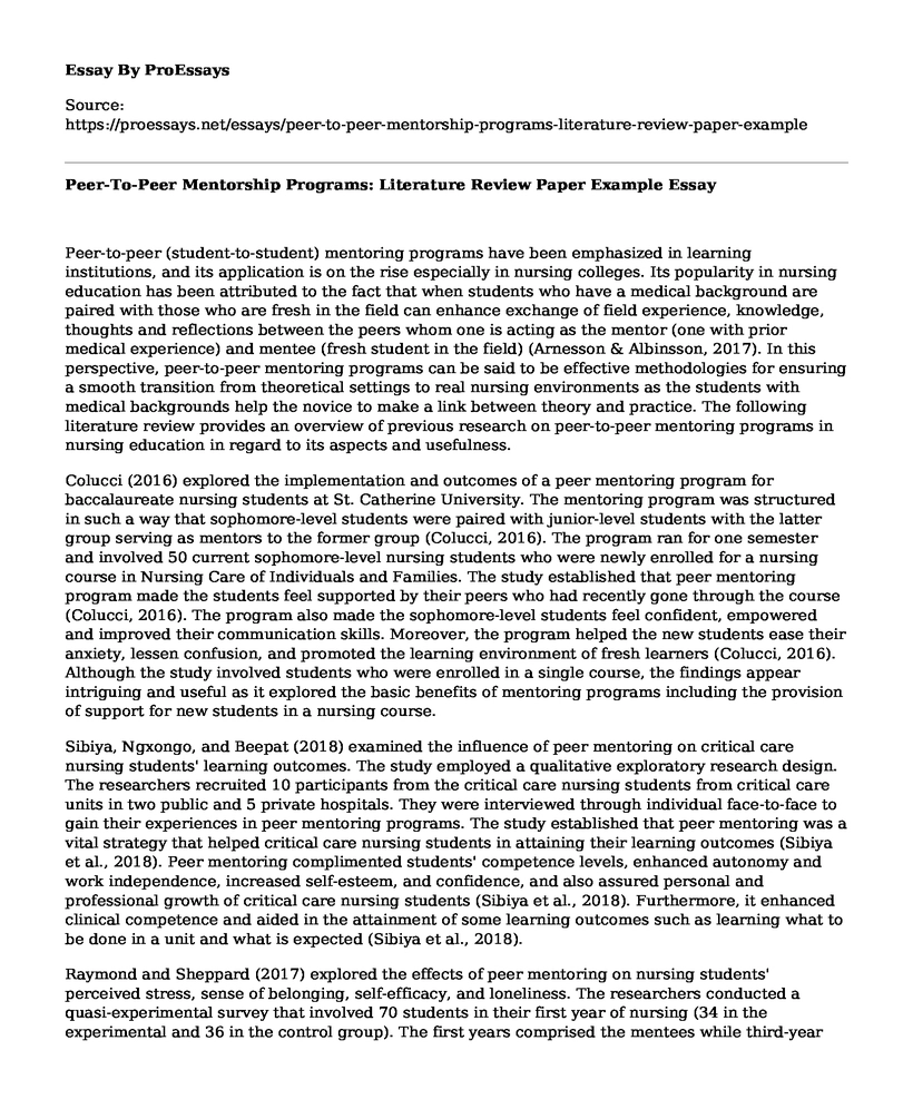Peer-To-Peer Mentorship Programs: Literature Review Paper Example
