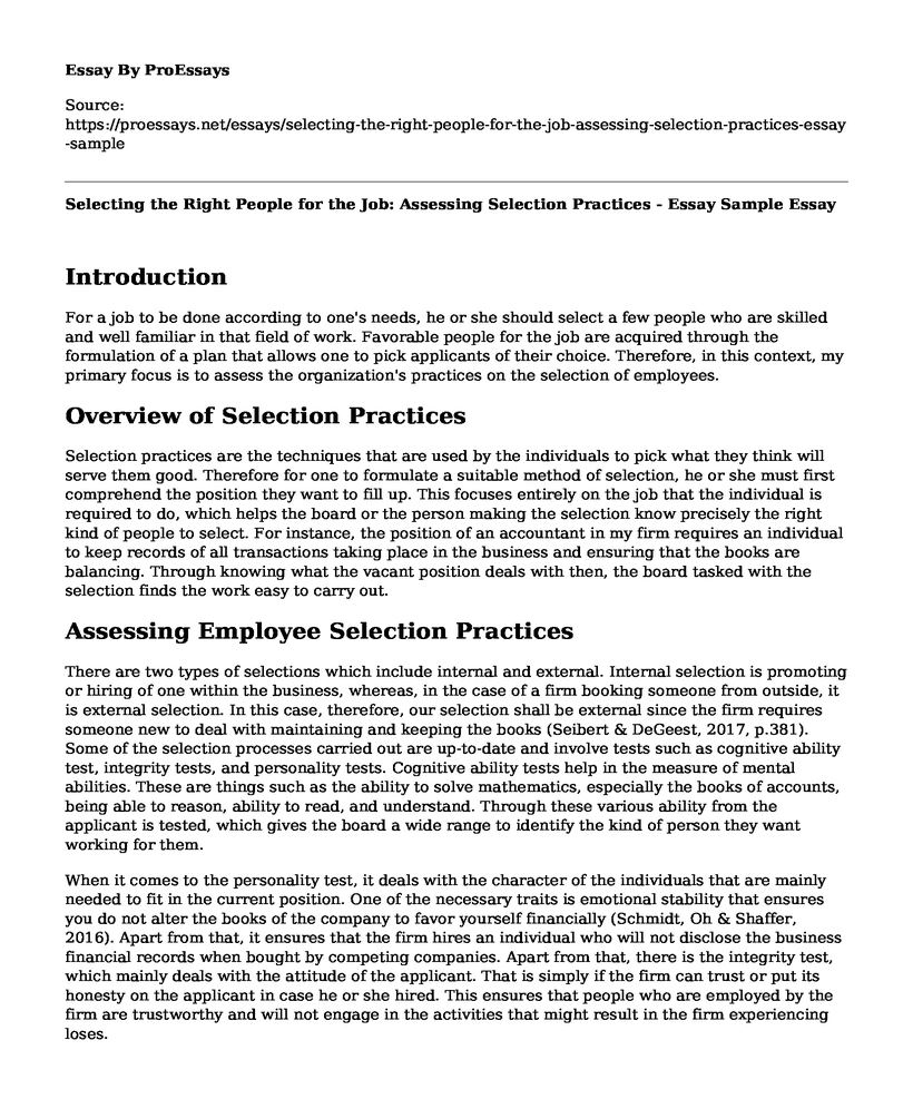 Selecting the Right People for the Job: Assessing Selection Practices - Essay Sample