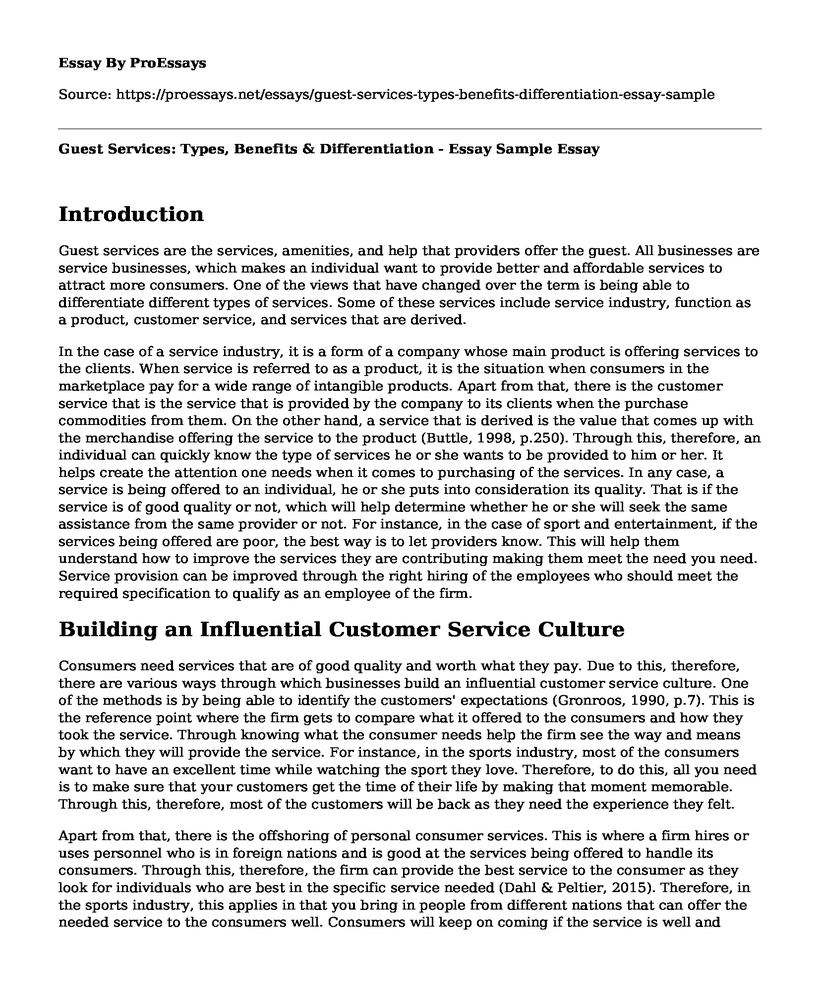 Guest Services: Types, Benefits & Differentiation - Essay Sample