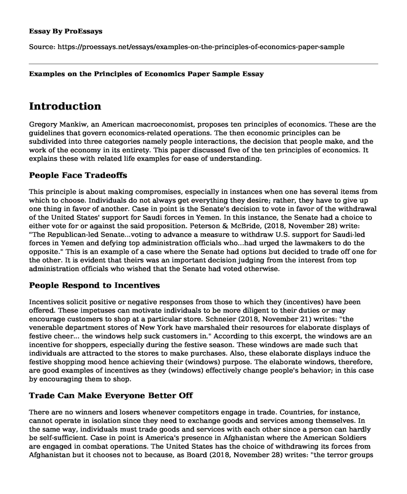 Examples on the Principles of Economics Paper Sample