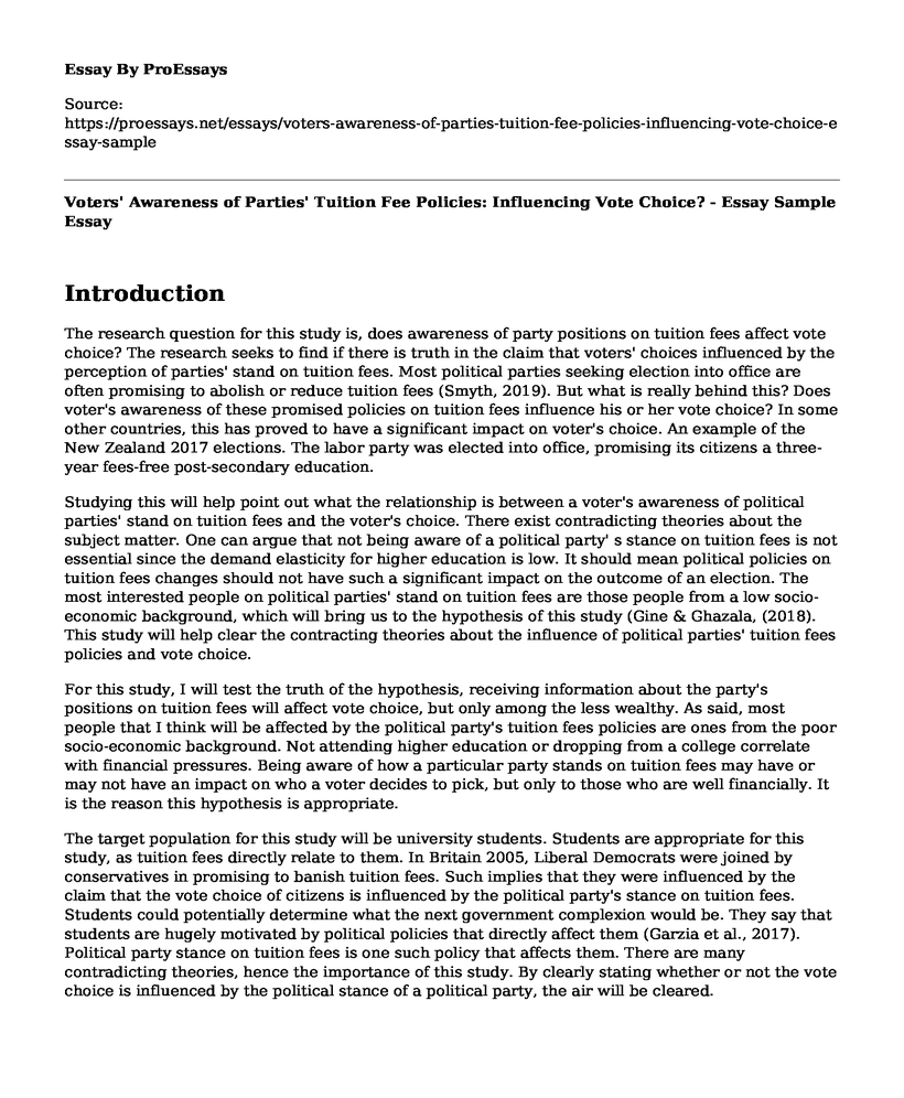 Voters' Awareness of Parties' Tuition Fee Policies: Influencing Vote Choice? - Essay Sample