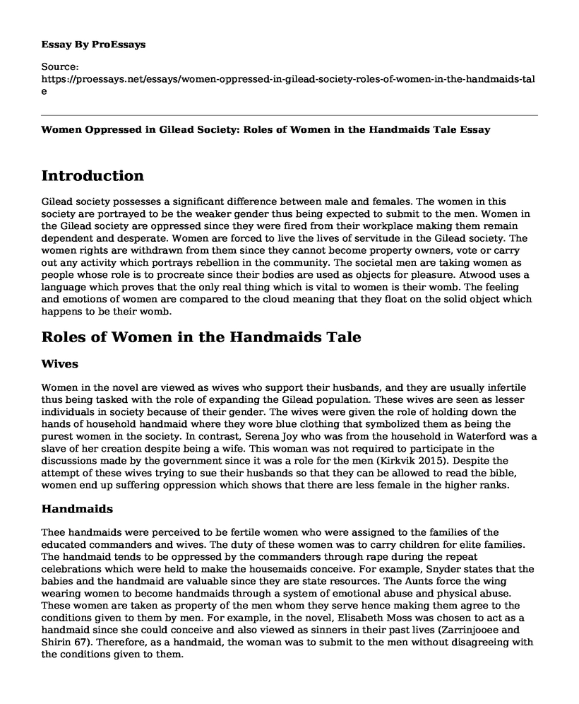 Women Oppressed in Gilead Society: Roles of Women in the Handmaids Tale
