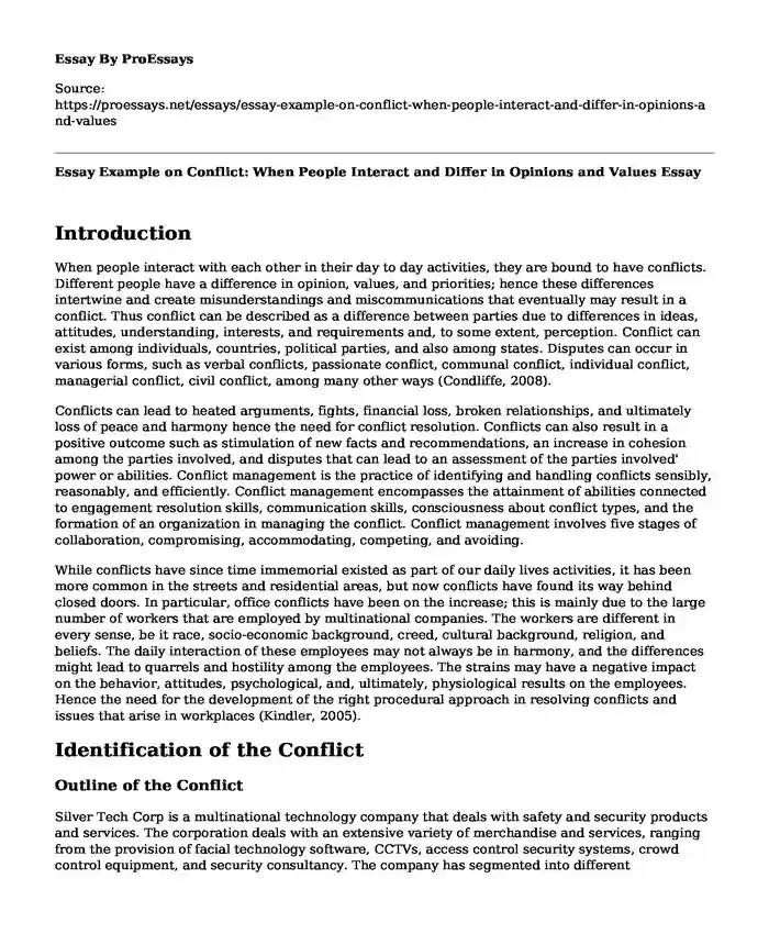 Essay Example on Conflict: When People Interact and Differ in Opinions and Values
