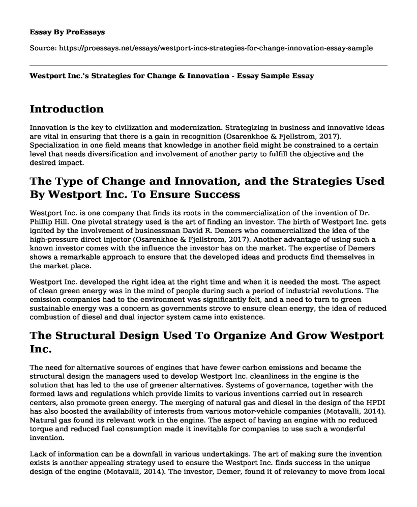 Westport Inc.'s Strategies for Change & Innovation - Essay Sample