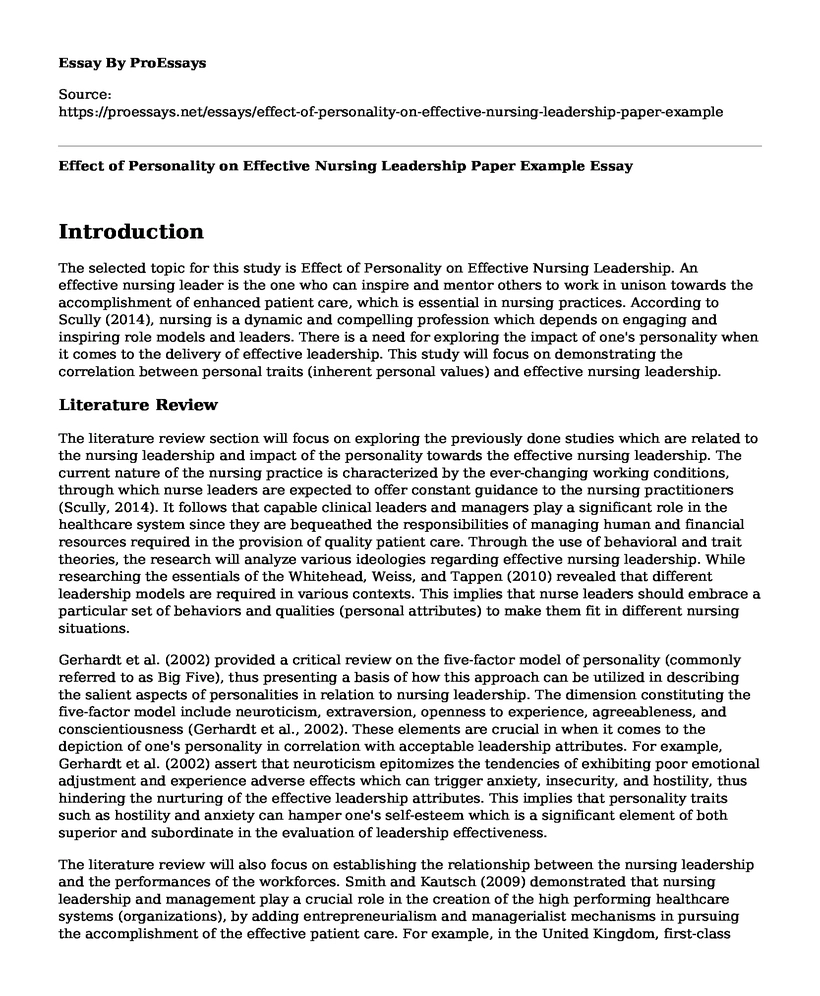 Effect of Personality on Effective Nursing Leadership Paper Example