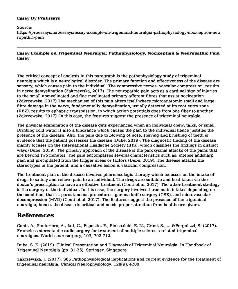 Essay Example on Trigeminal Neuralgia: Pathophysiology, Nociception & Neuropathic Pain