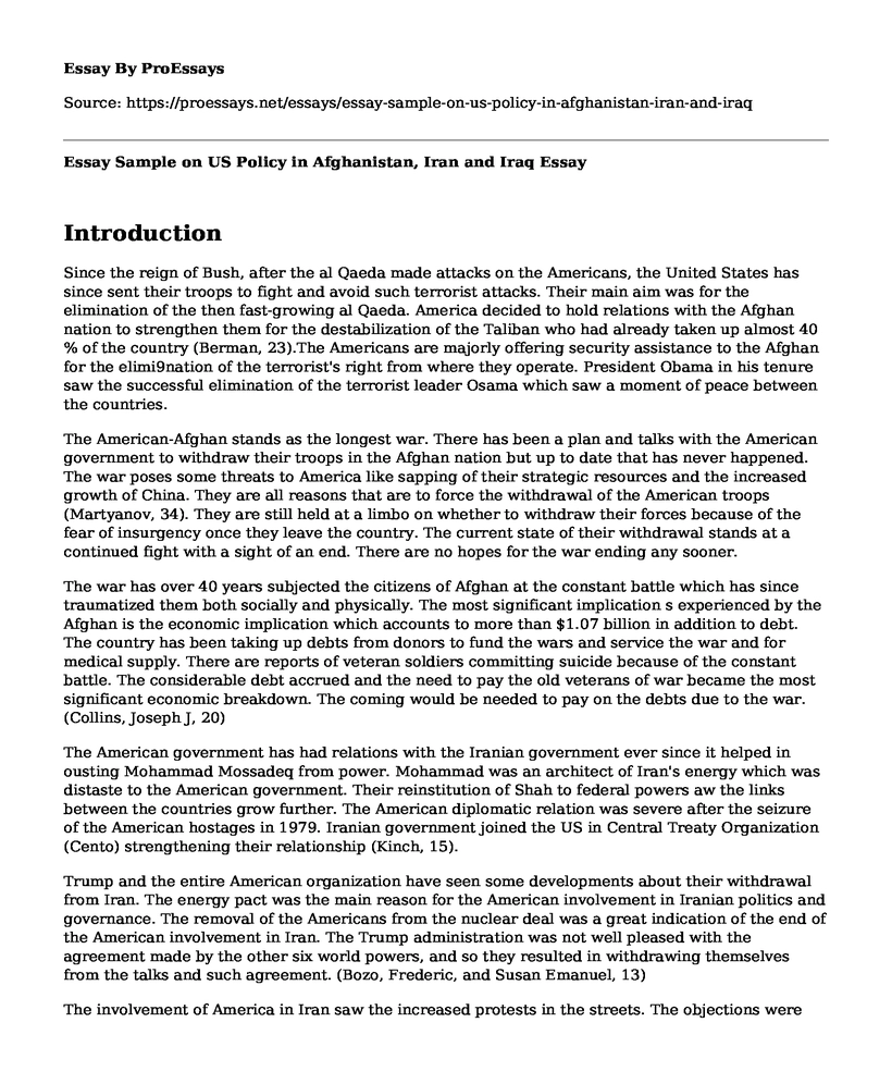Essay Sample on US Policy in Afghanistan, Iran and Iraq