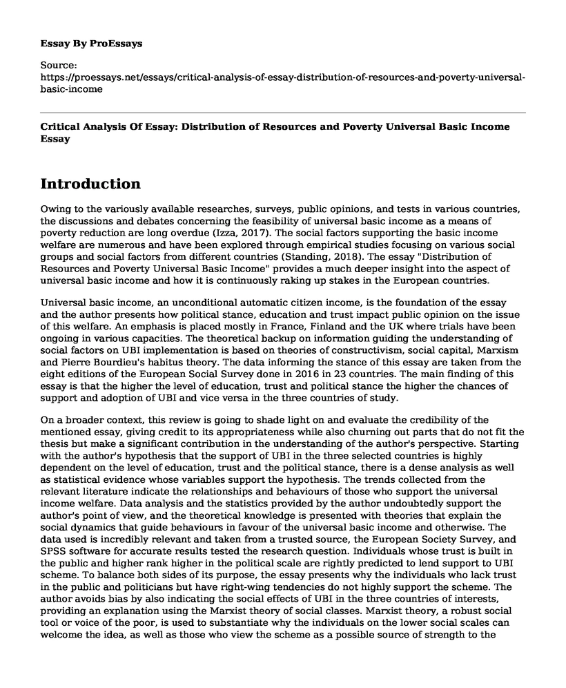 Critical Analysis Of Essay: Distribution of Resources and Poverty Universal Basic Income