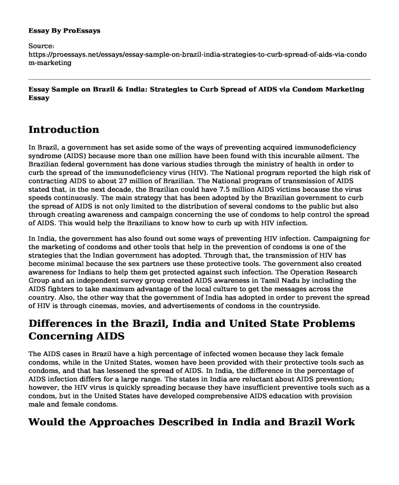 Essay Sample on Brazil & India: Strategies to Curb Spread of AIDS via Condom Marketing