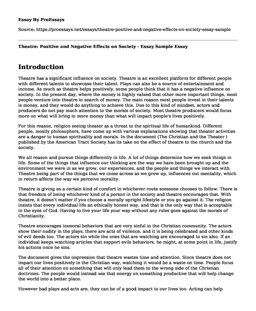 Theatre: Positive and Negative Effects on Society - Essay Sample
