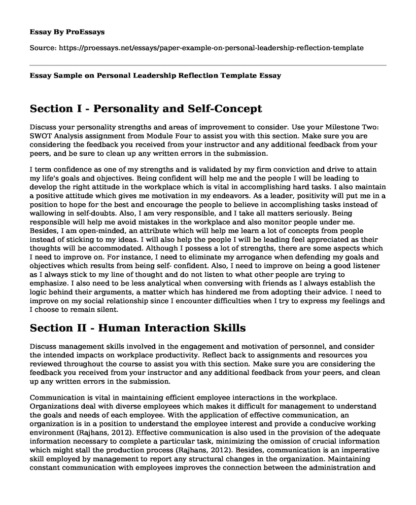 Essay Sample on Personal Leadership Reflection Template
