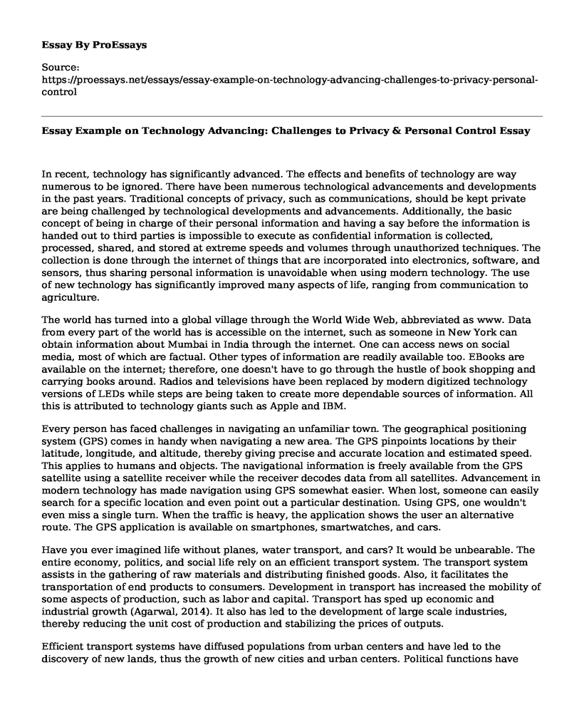 Essay Example on Technology Advancing: Challenges to Privacy & Personal Control