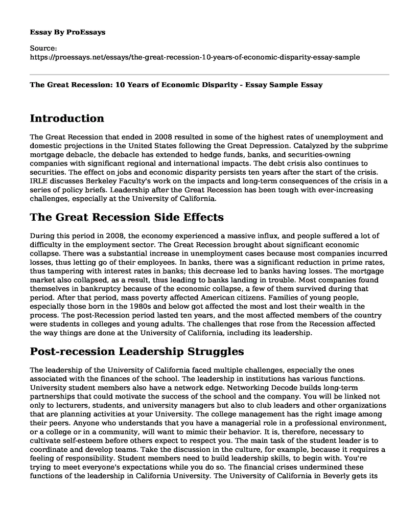 The Great Recession: 10 Years of Economic Disparity - Essay Sample