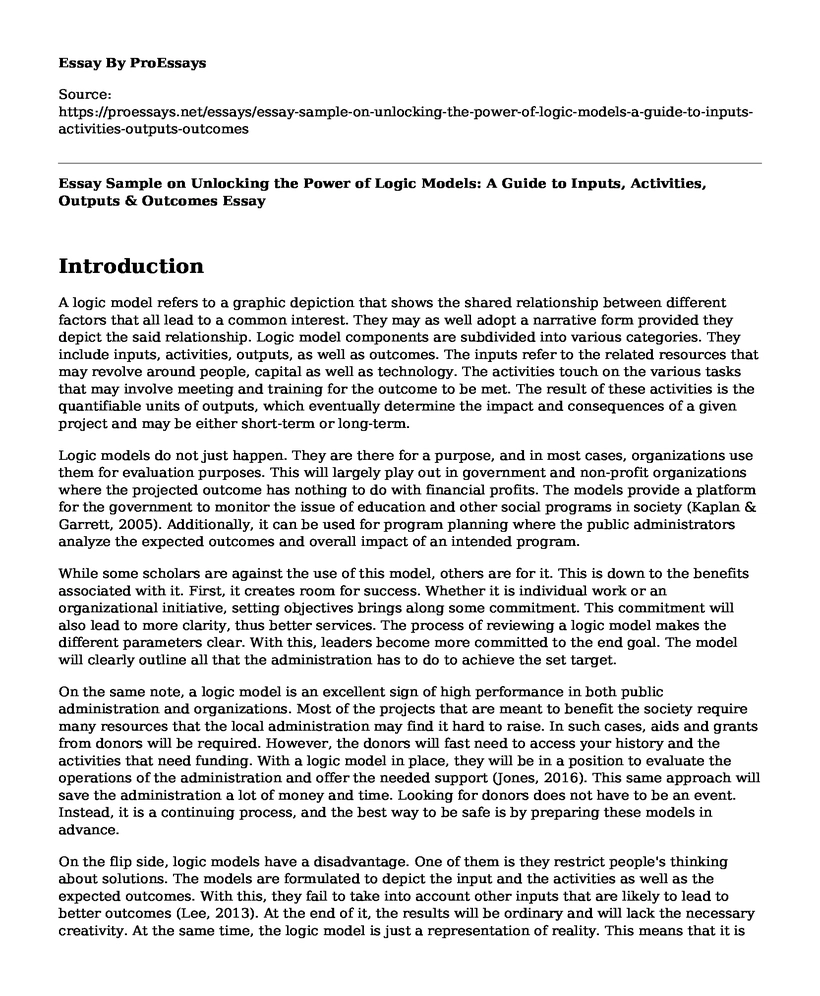 Essay Sample on Unlocking the Power of Logic Models: A Guide to Inputs, Activities, Outputs & Outcomes