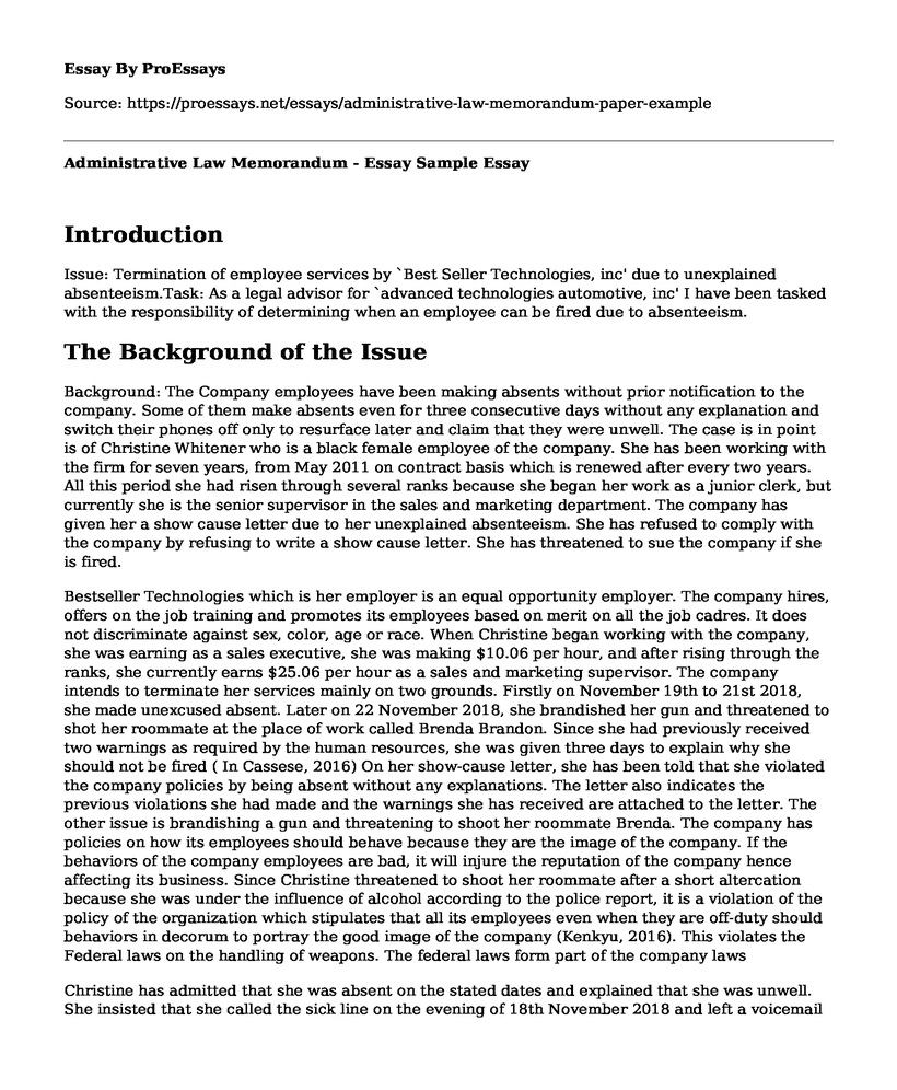 Administrative Law Memorandum - Essay Sample