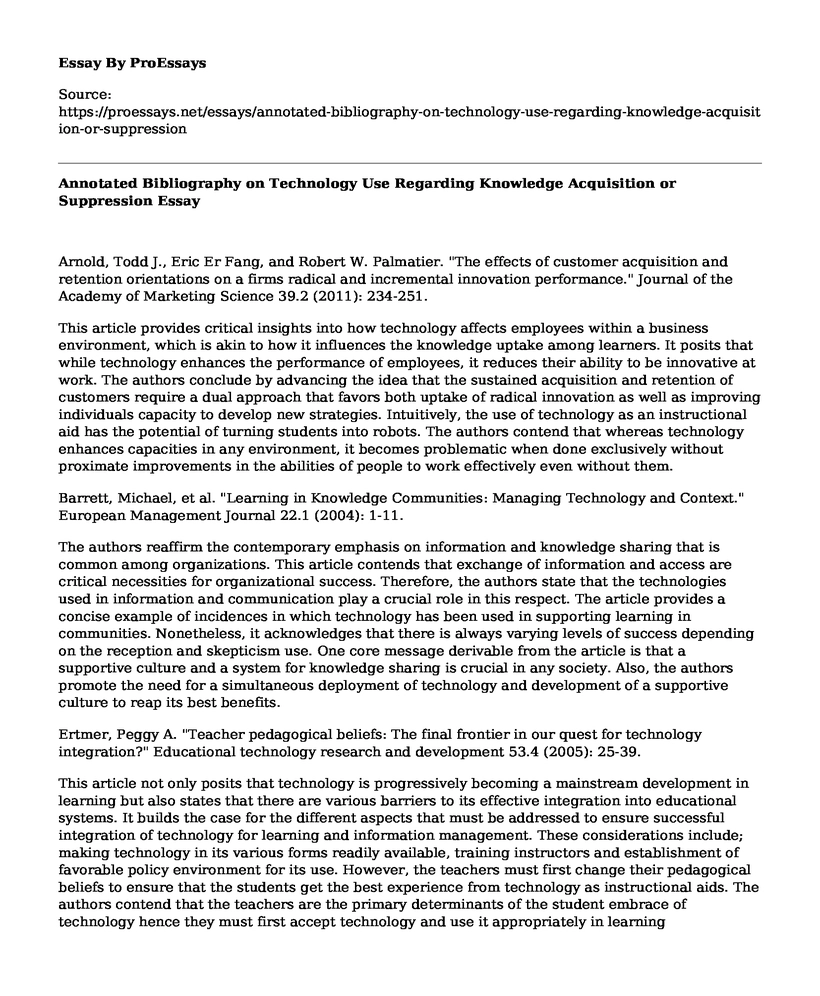 Annotated Bibliography on Technology Use Regarding Knowledge Acquisition or Suppression