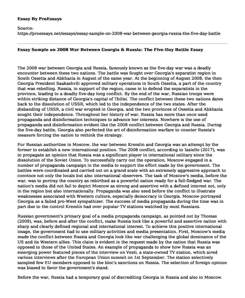 Essay Sample on 2008 War Between Georgia & Russia: The Five-Day Battle