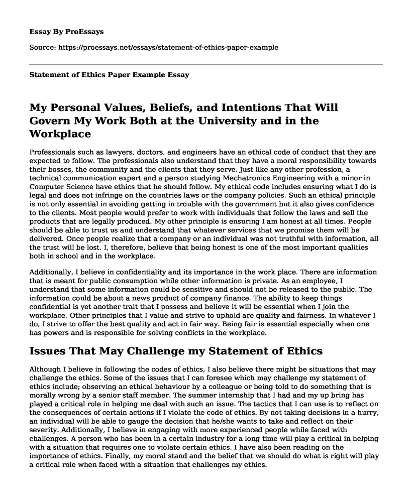 personal ethics statement essay examples