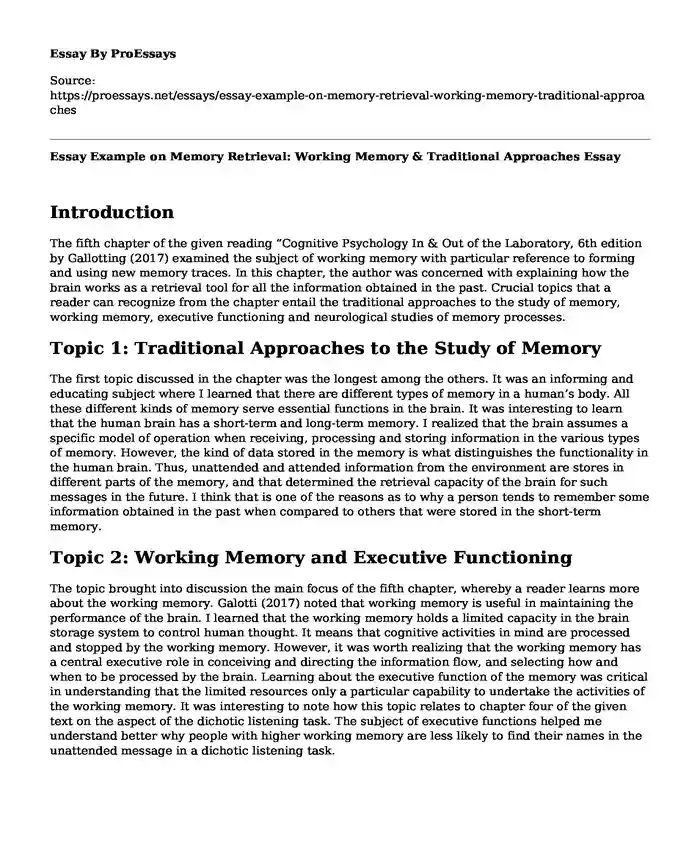 Essay Example on Memory Retrieval: Working Memory & Traditional Approaches