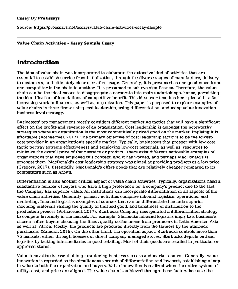 Value Chain Activities - Essay Sample