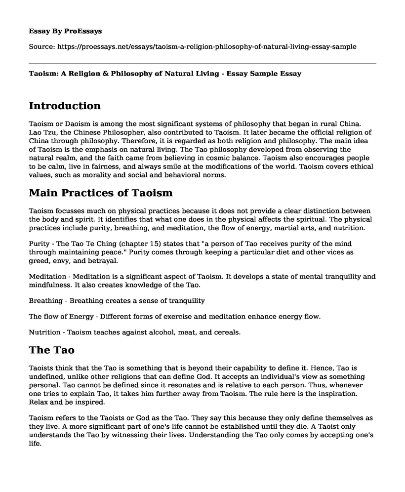 Taoism: A Religion & Philosophy of Natural Living - Essay Sample